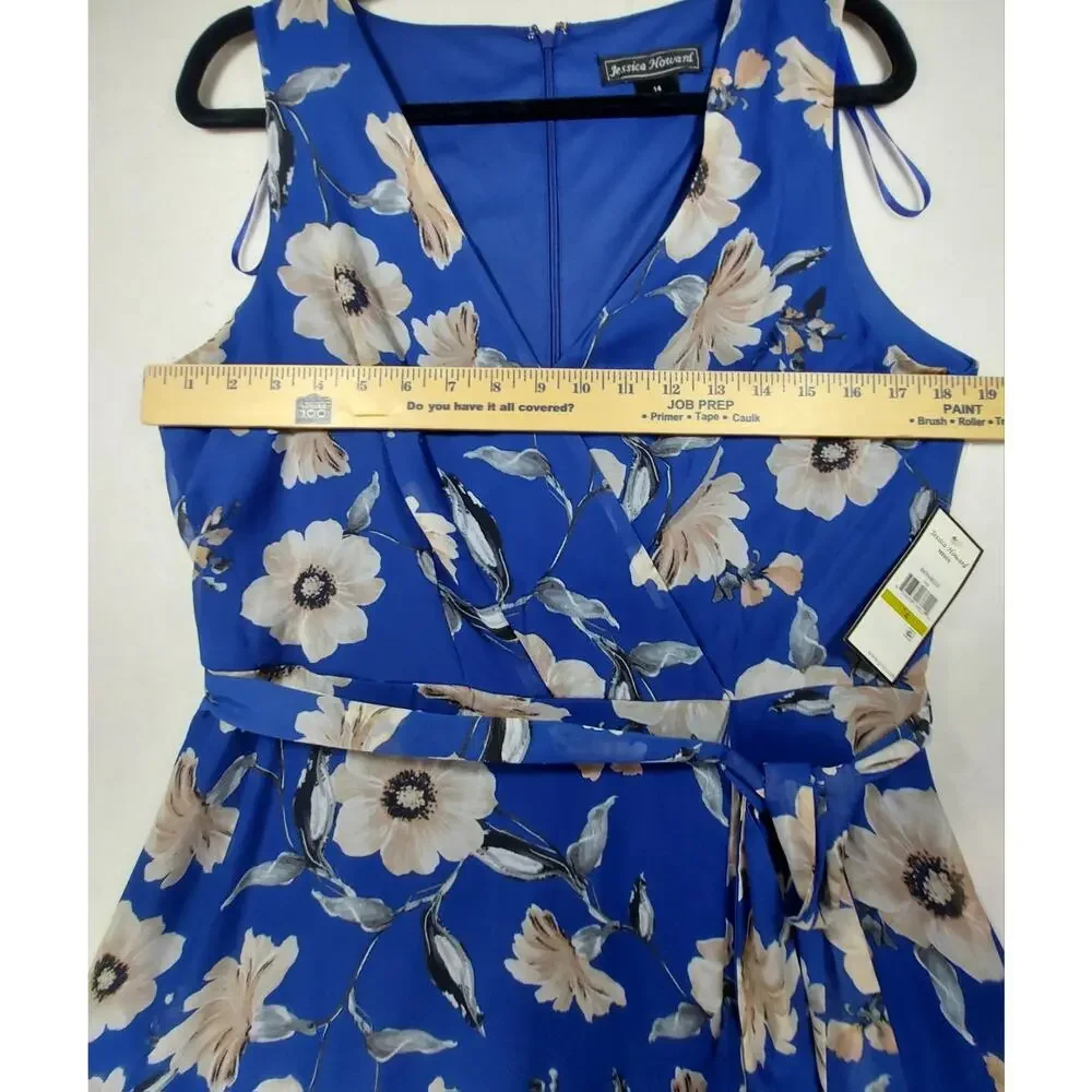 Jessica Howard Missy 14 Blue Floral Chiffon Faux-Wrap Midi Dress Ruffle Tie NWT